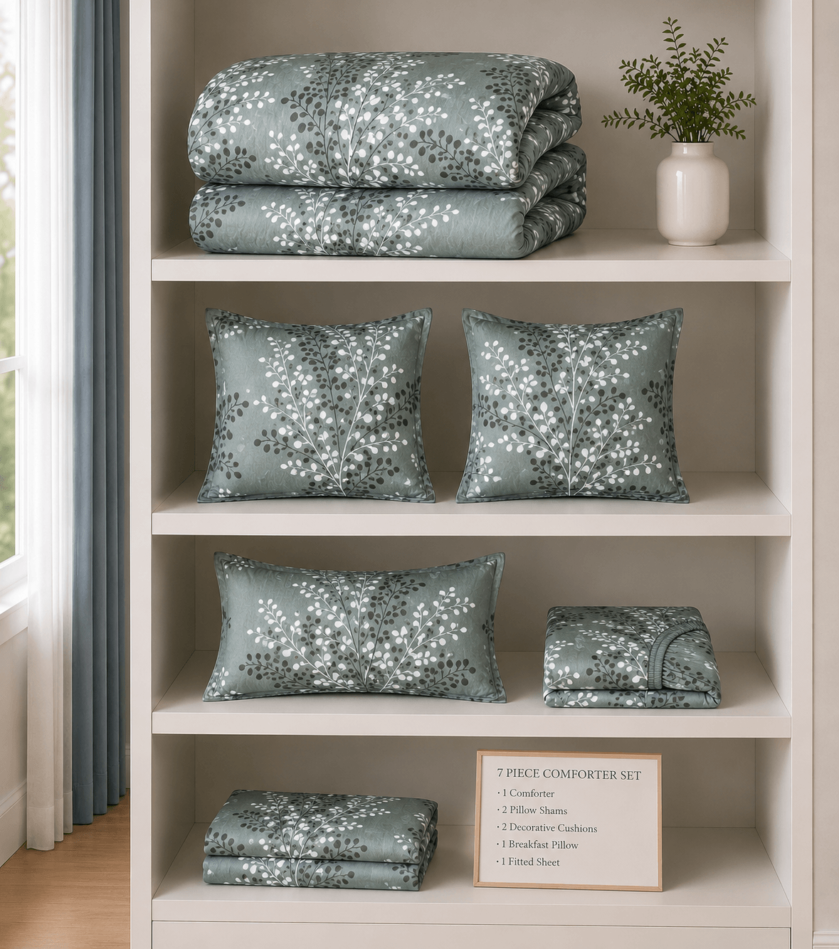 Sage Botanical 7-Piece Comforter Set — Queen (Hotel-Soft Microfiber That Won't Pill)
