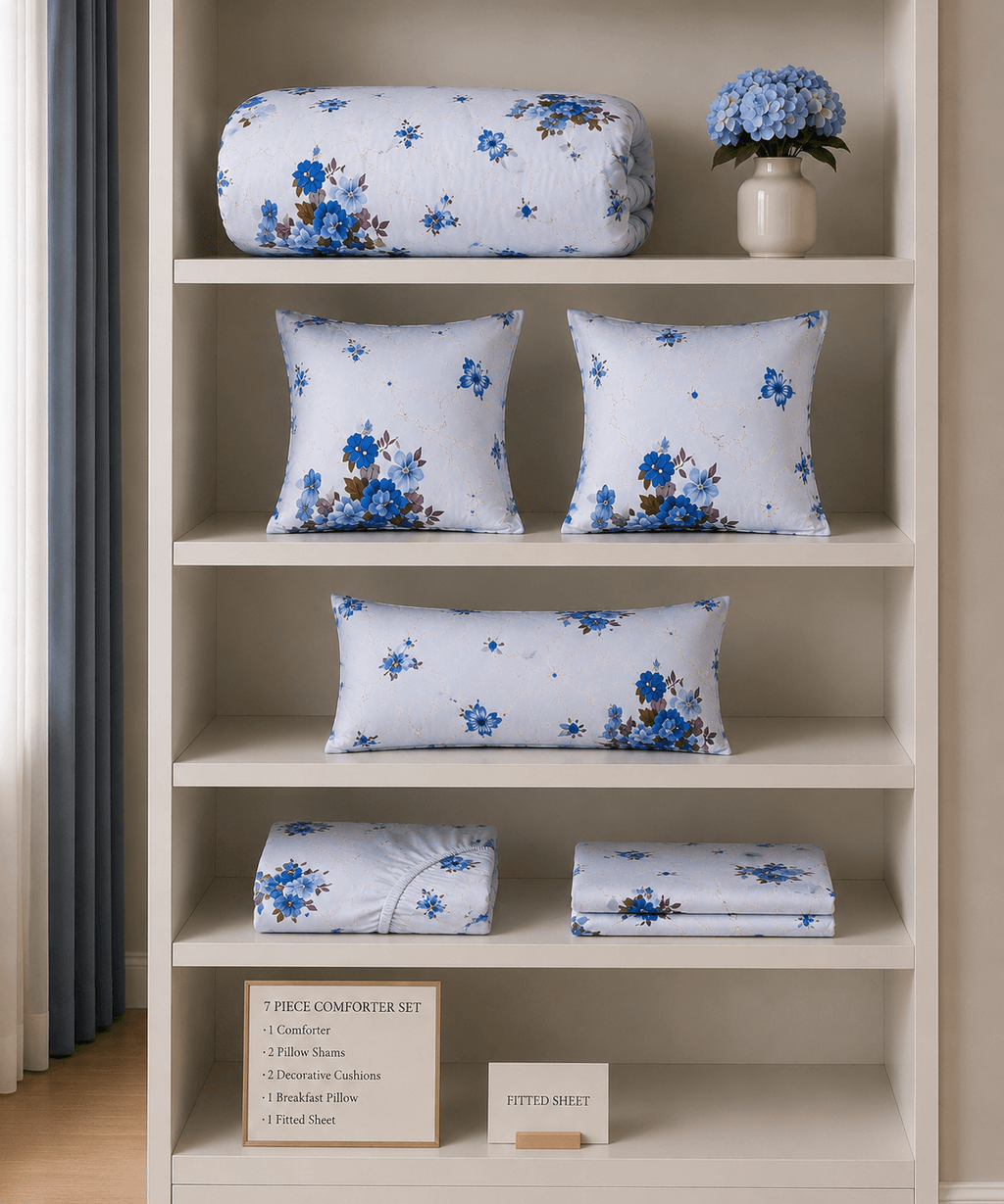 Blue Blossom 7-Piece Comforter Set — Queen (Hotel-Soft Microfiber That Won't Pill)
