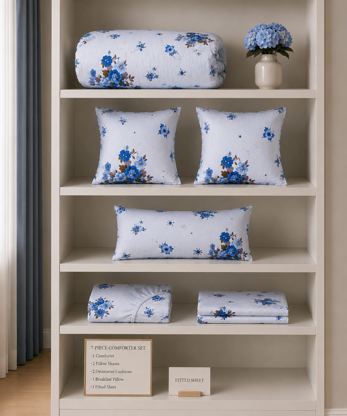 Blue Blossom 7-Piece Comforter Set — Queen (Hotel-Soft Microfiber That Won't Pill)