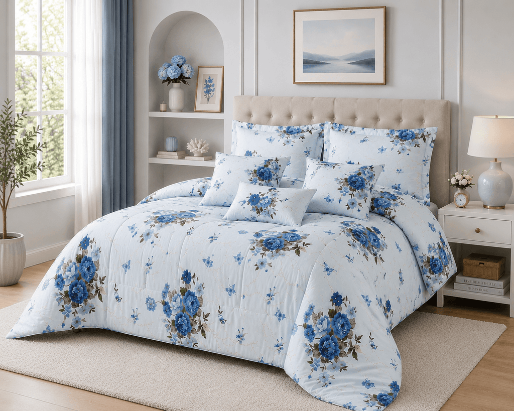 Blue Blossom 7-Piece Comforter Set — Queen (Hotel-Soft Microfiber That Won't Pill)
