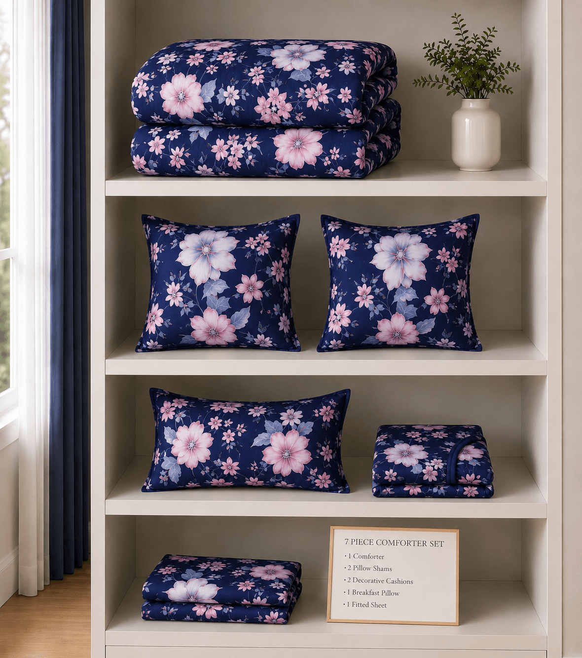 Midnight Blossom 7-Piece Comforter Set — Queen (Hotel-Soft Microfiber That Won't Pill)