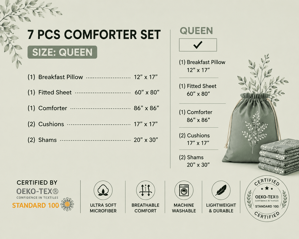 Sage Botanical 7-Piece Comforter Set — Queen (Hotel-Soft Microfiber That Won't Pill)
