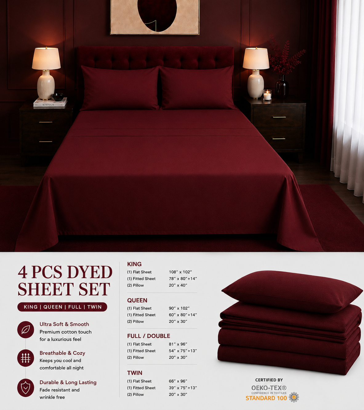 Khawab Home 4 PCS Burgundy Sheet Set