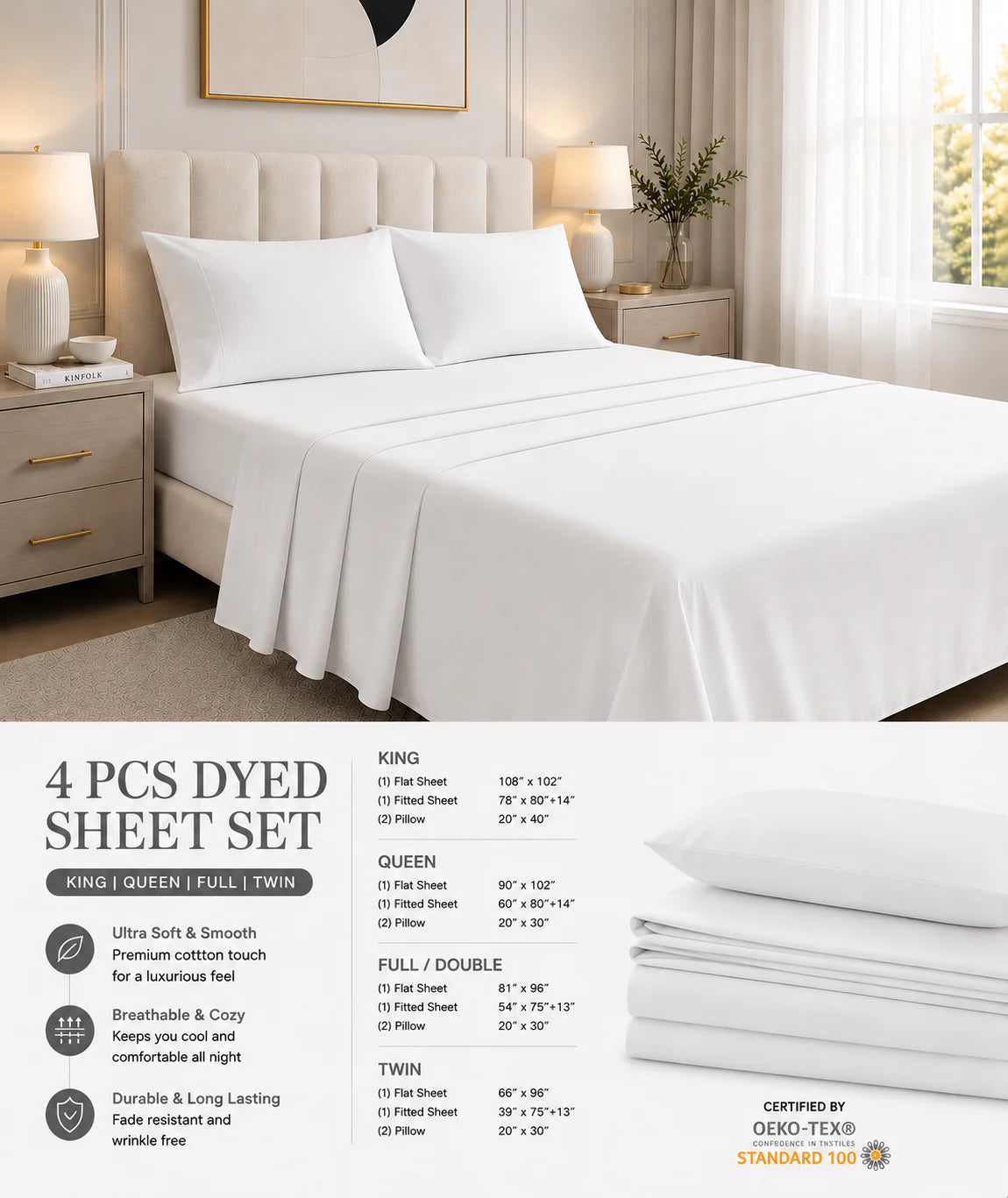 Khawab Home 4 PCS White Sheet Set