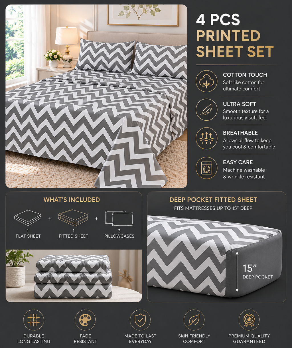 Khawab Home Chevron 4-Piece Printed Sheet Set