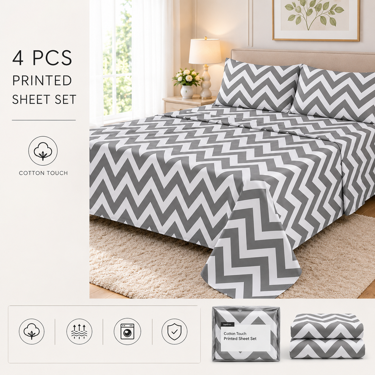 Khawab Home Chevron 4-Piece Printed Sheet Set