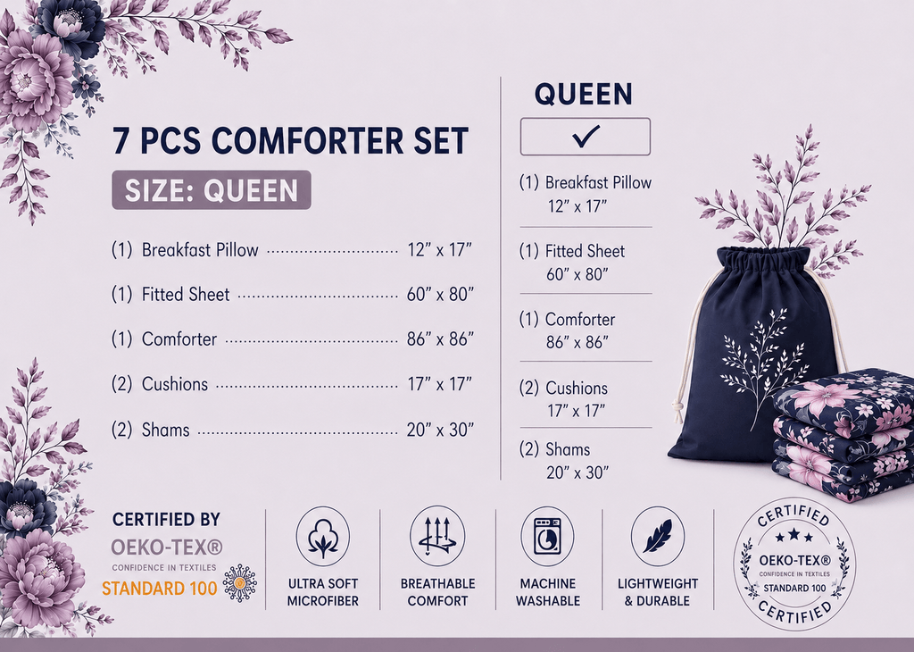 Midnight Blossom 7-Piece Comforter Set — Queen (Hotel-Soft Microfiber That Won't Pill)