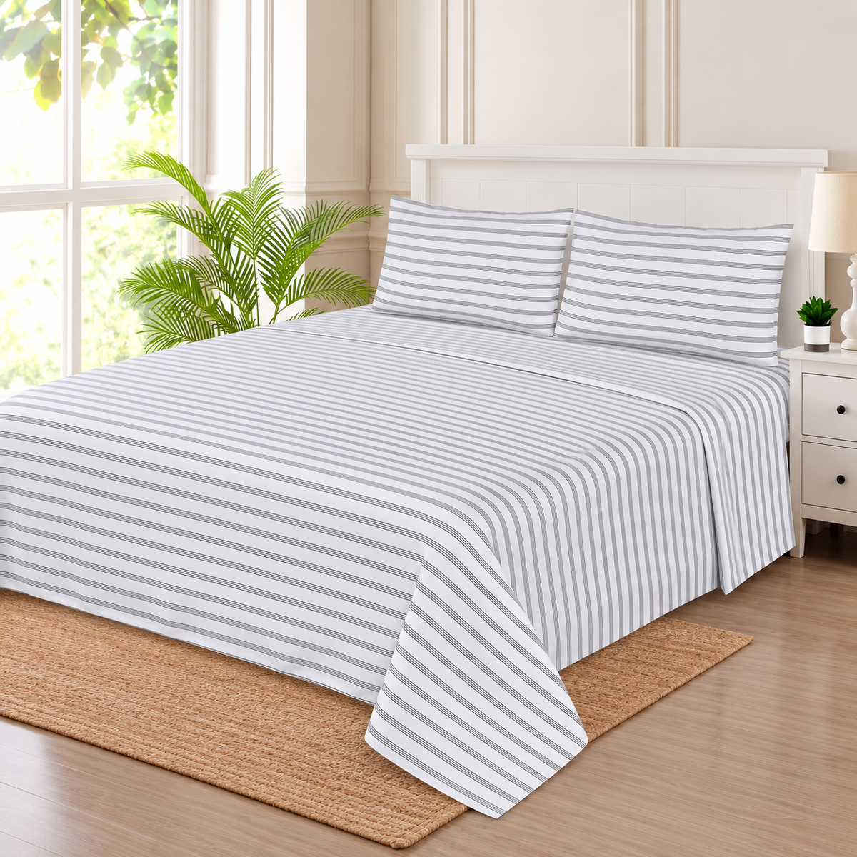 Grey Pinstripe King Bedsheet Set