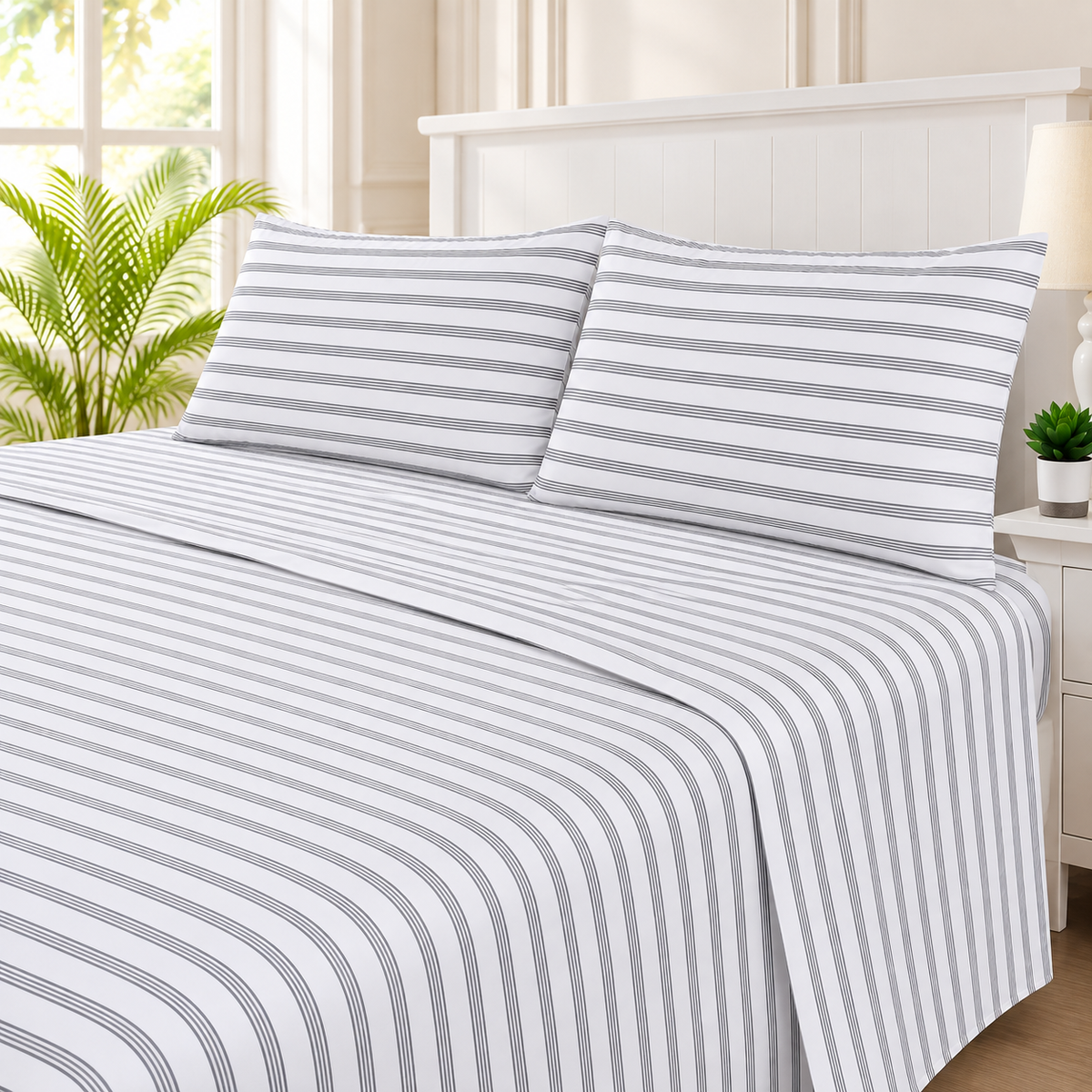 Grey Pinstripe King Bedsheet Set