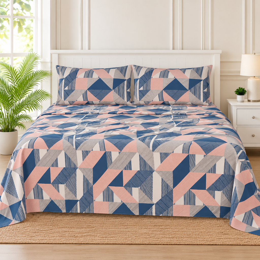 Navy Blush Geometric King Bedsheet Set