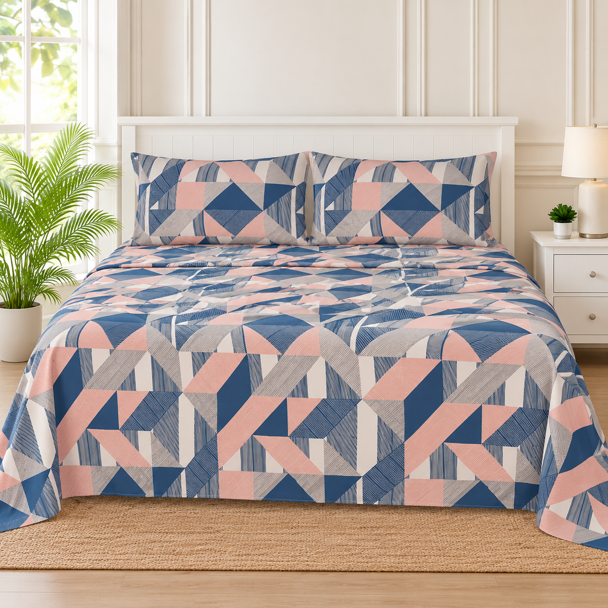 Navy Blush Geometric King Bedsheet Set