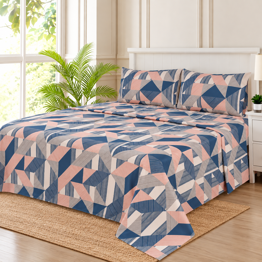 Navy Blush Geometric King Bedsheet Set