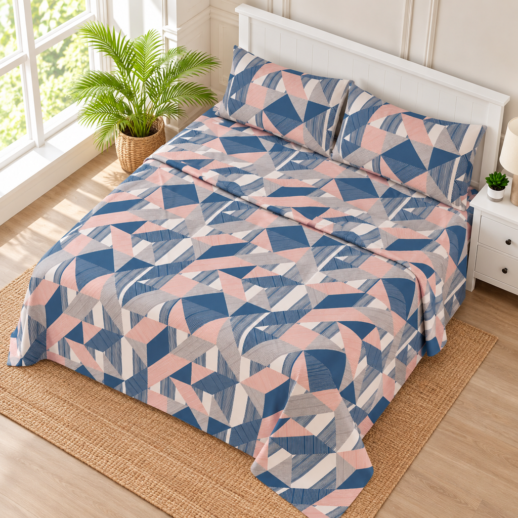 Navy Blush Geometric King Bedsheet Set