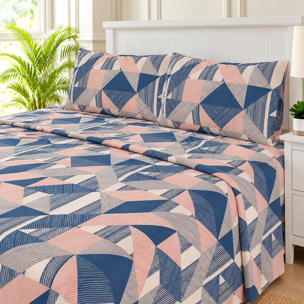 Navy Blush Geometric King Bedsheet Set