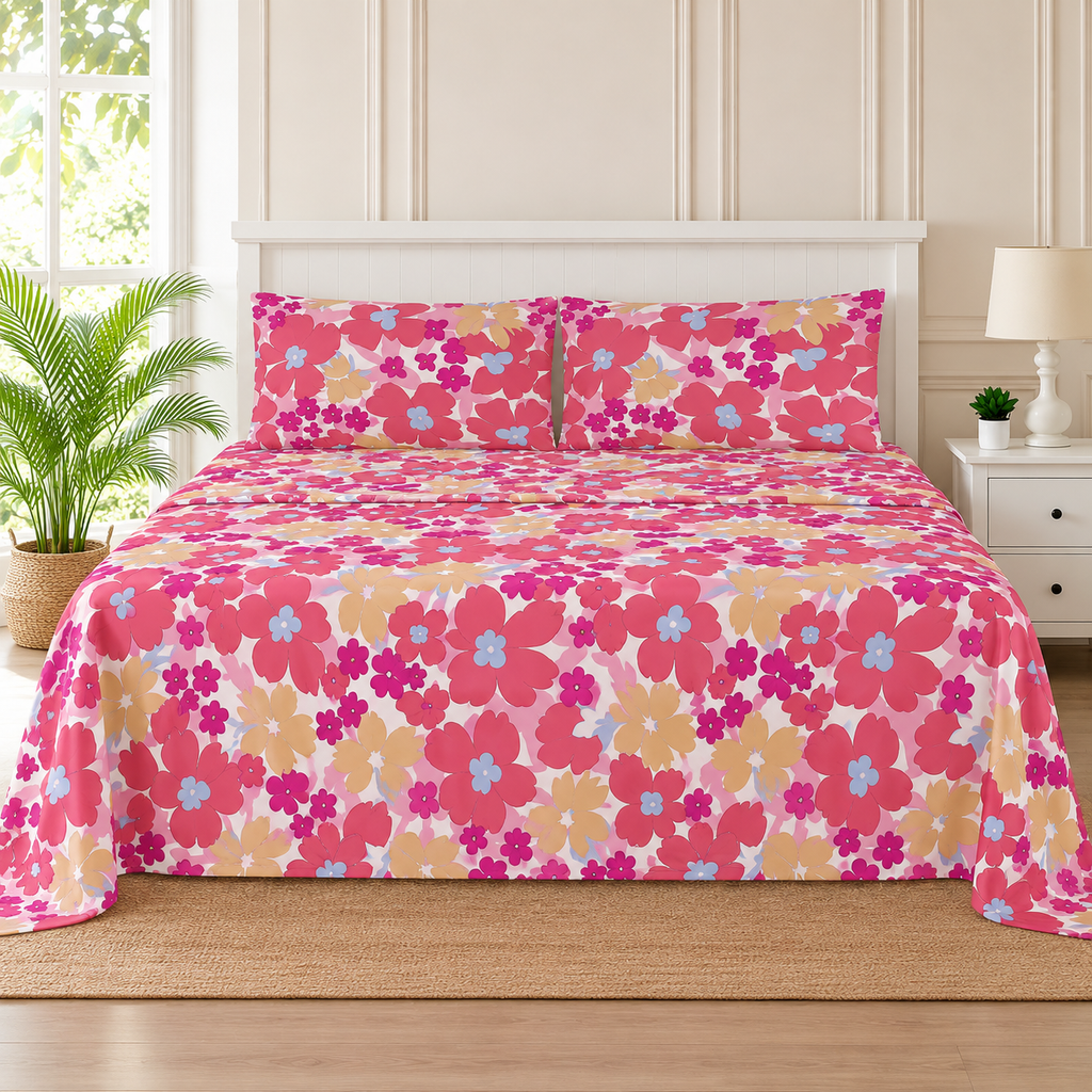 Pink Meadow Floral King Bedsheet Set