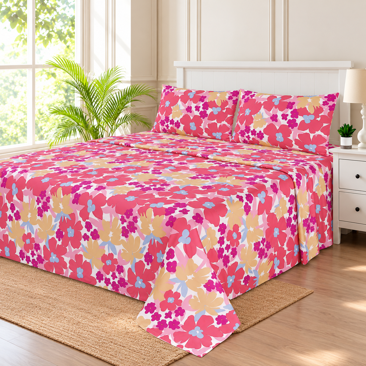 Pink Meadow Floral King Bedsheet Set