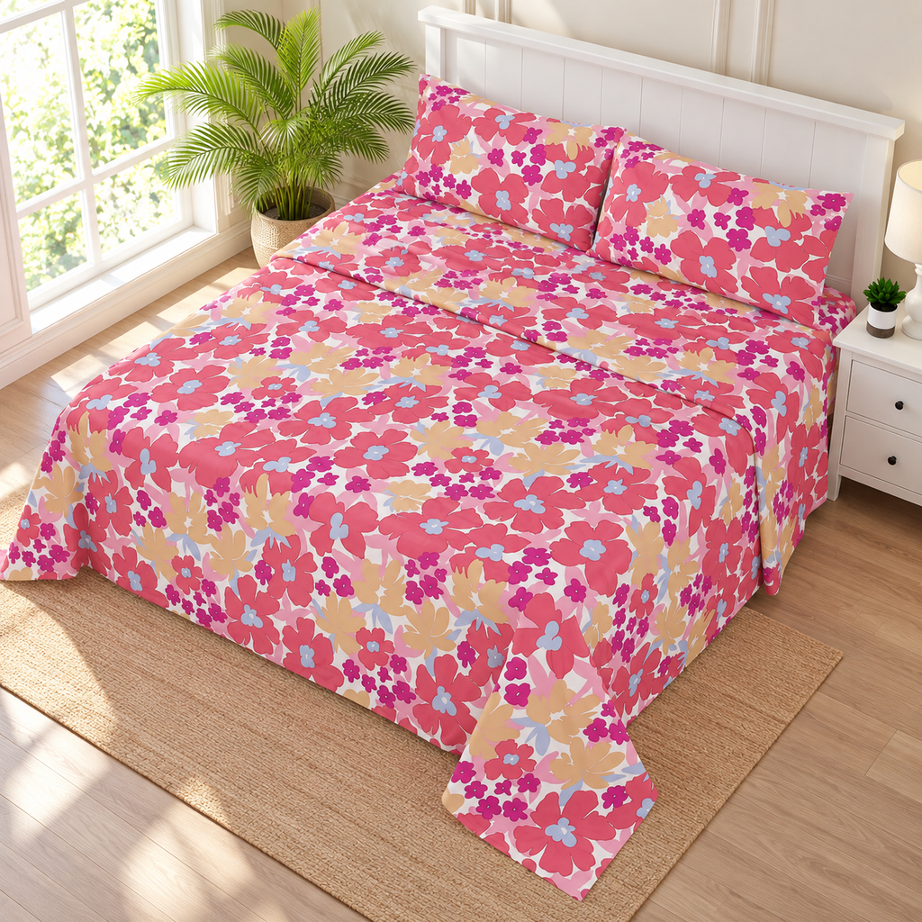 Pink Meadow Floral King Bedsheet Set