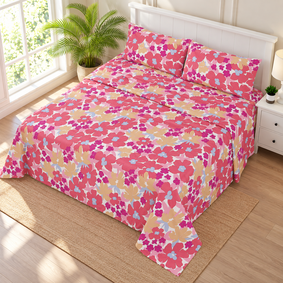 Pink Meadow Floral King Bedsheet Set