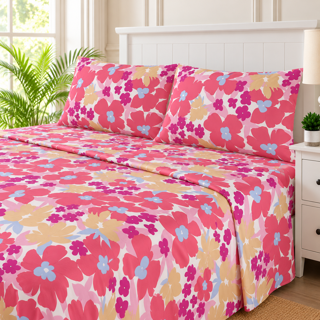 Pink Meadow Floral King Bedsheet Set