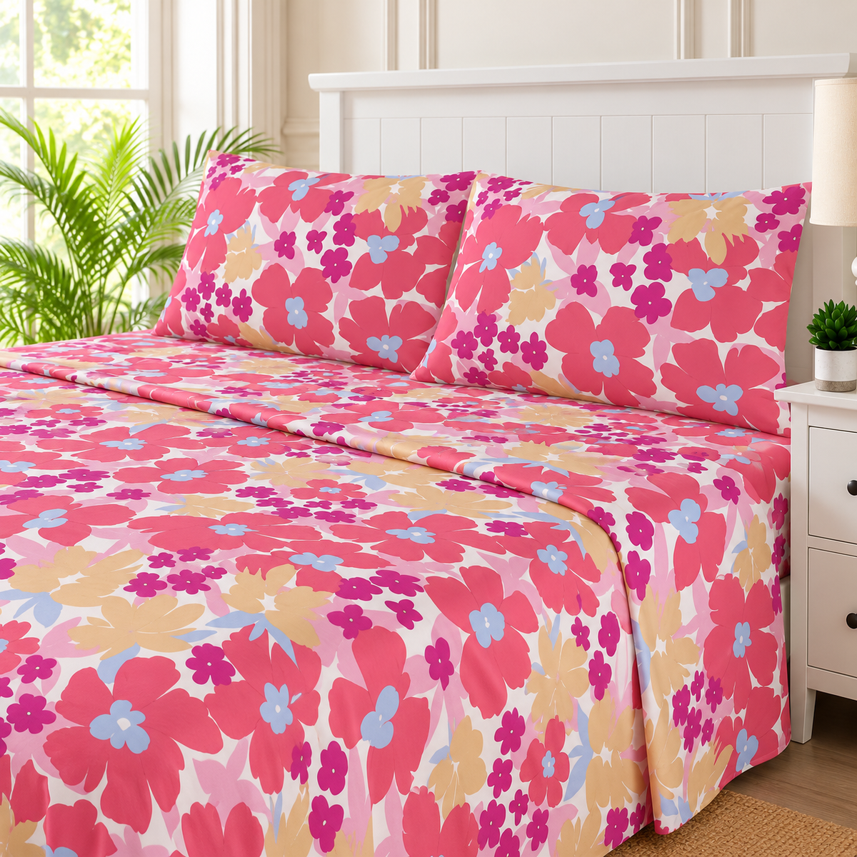 Pink Meadow Floral King Bedsheet Set