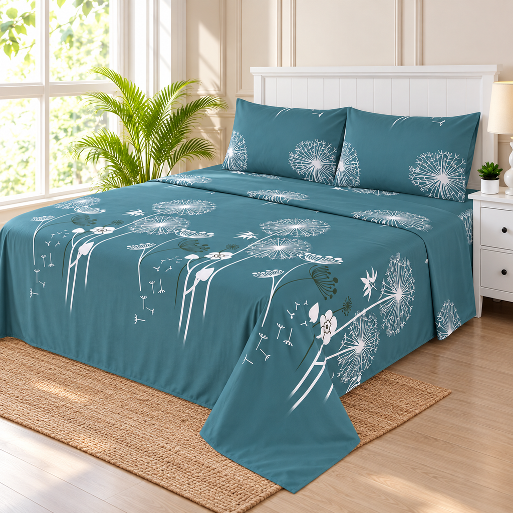 Teal Dandelion King Bedsheet Set
