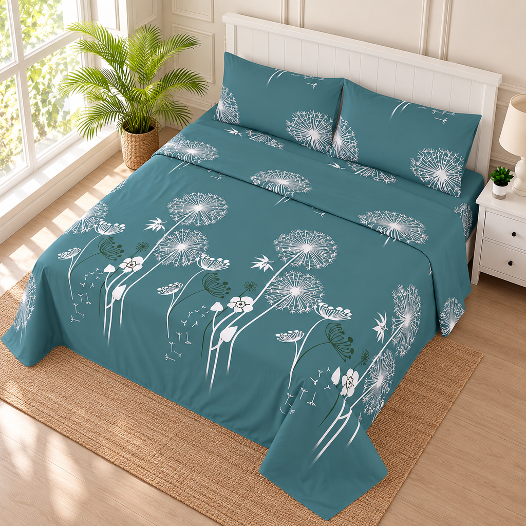 Teal Dandelion King Bedsheet Set