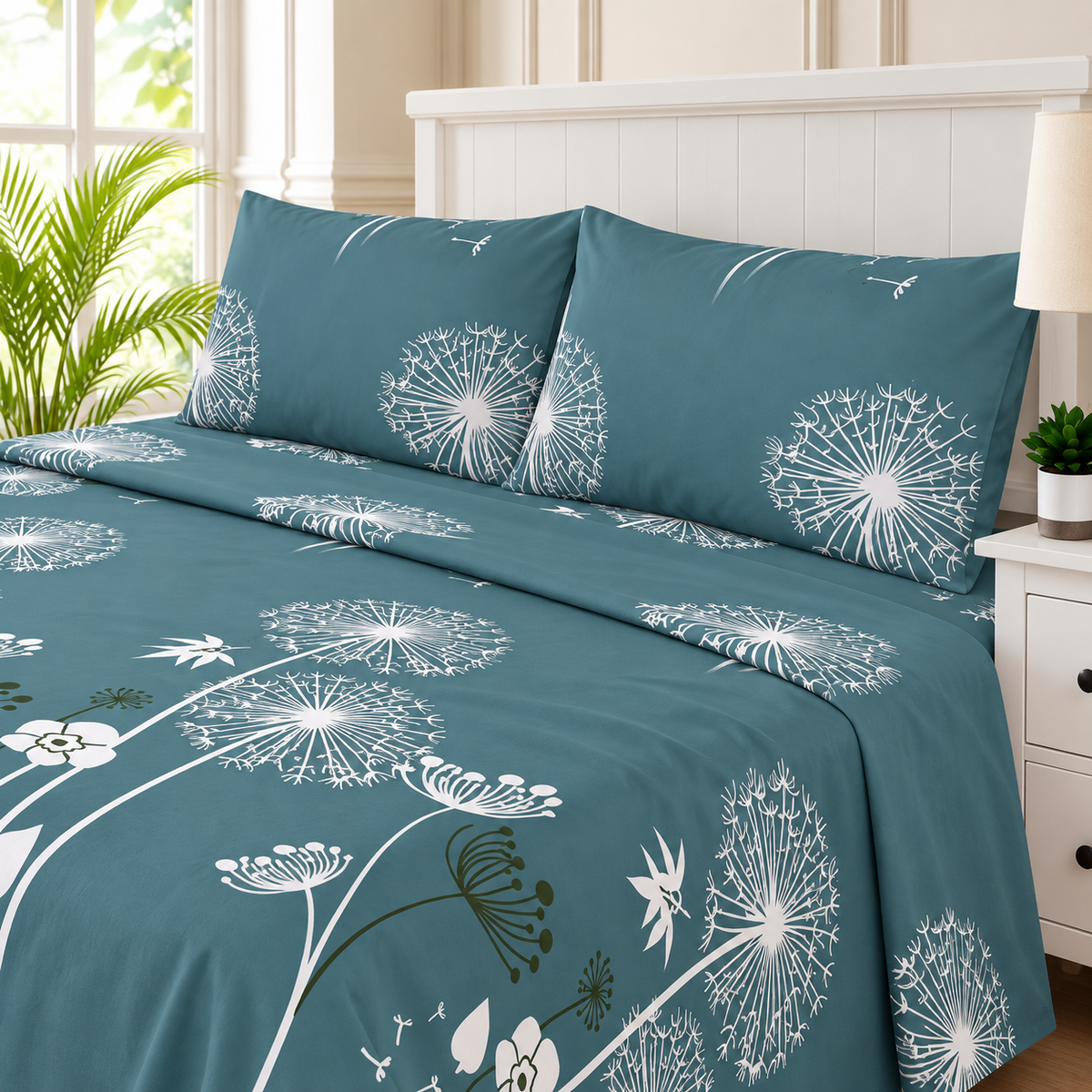 Teal Dandelion King Bedsheet Set