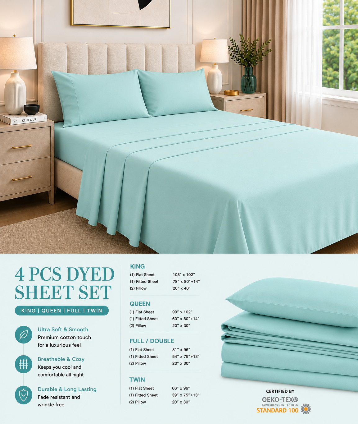 Khawab Home 4 PCS Aqua Mint Sheet Set