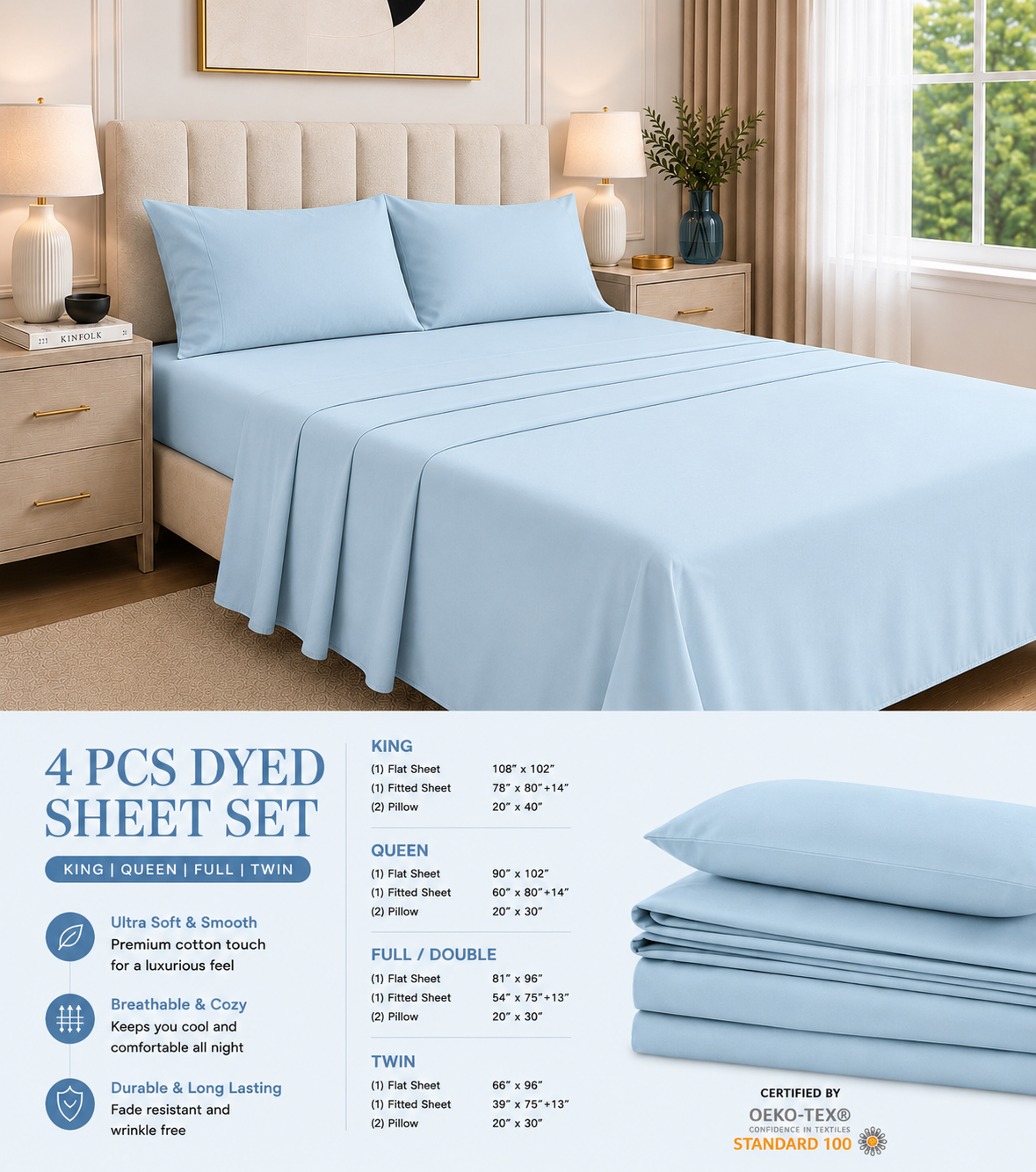 Khawab Home 4 PCS Light Blue Sheet Set