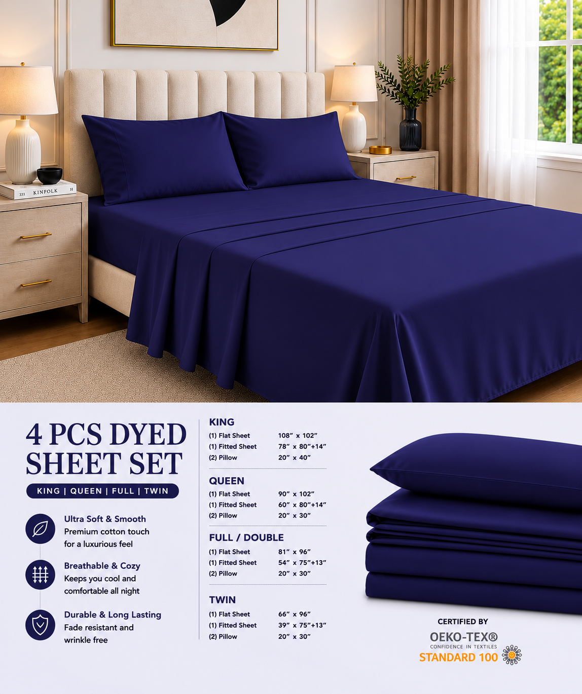 Khawab Home 4 PCS Navy Indigo Sheet Set