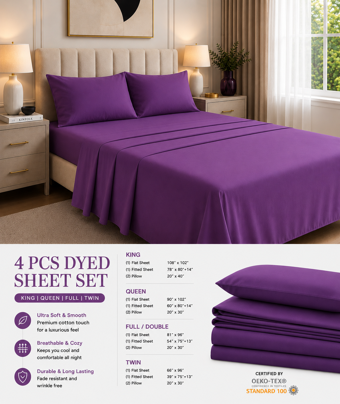 Khawab Home 4 PCS Plum Sheet Set